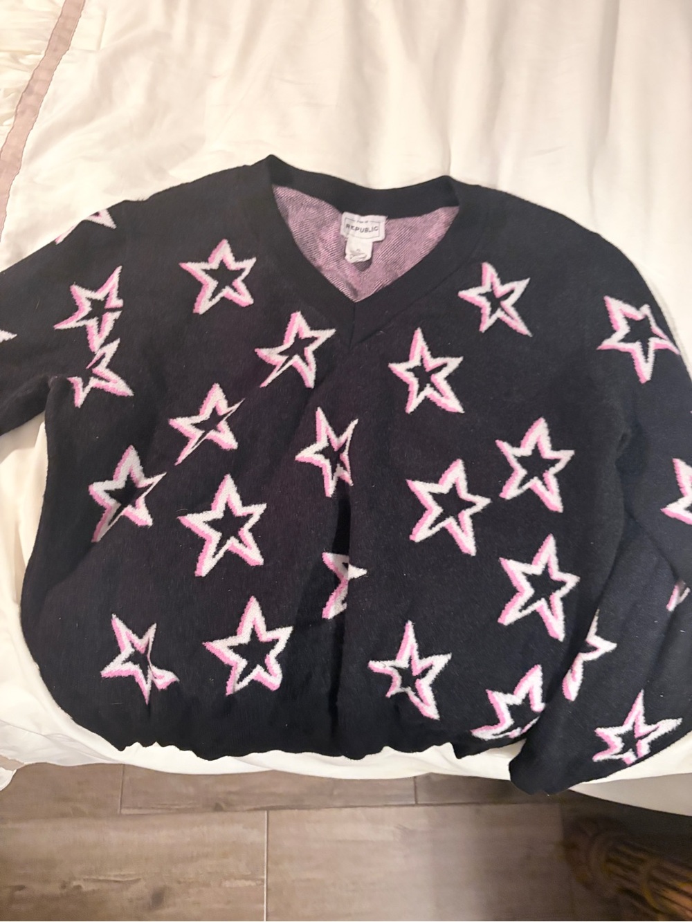For The Republic Black V-Neck Sweater with Pink and White Star Pattern